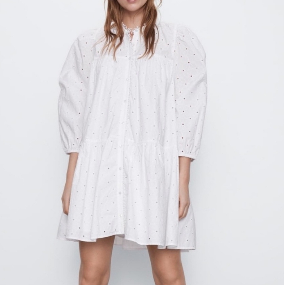 ZARA Embroidered Eylet Floral White Cotton Mini Dress Victorian Neckline Size S